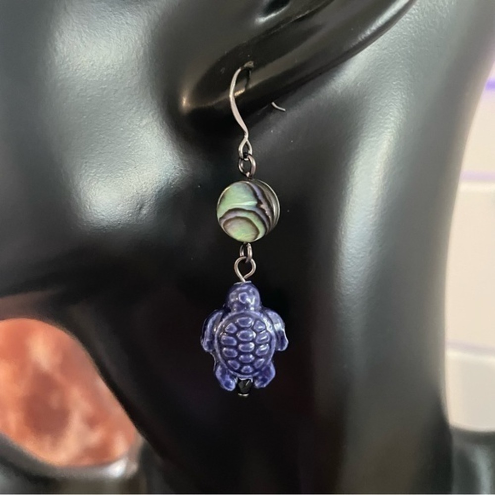 2/$29 Handmade Iridescent Abalone Shell & Dark Blue Ceramic Turtle Earrings Gift